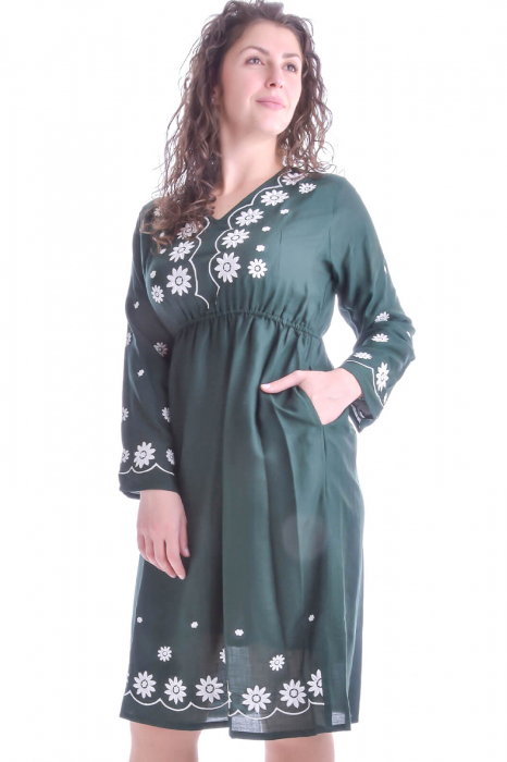 Rochie traditionala midi verde cu motiv floral alb Olivia [2]
