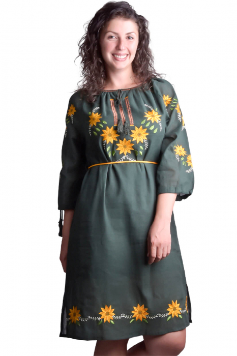 Rochie traditionala midi verde cu motiv floral galben Sorina [4]