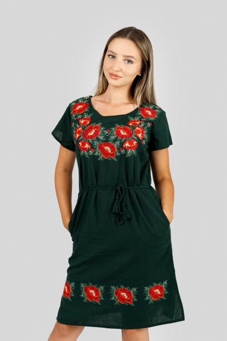 Rochie traditionala midi verde cu motiv floral rosu Larisa 02 [3]