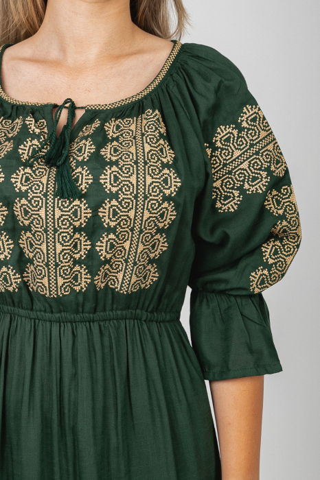 Rochie traditionala midi verde cu motiv geometric crem Elisabeta 02 [2]