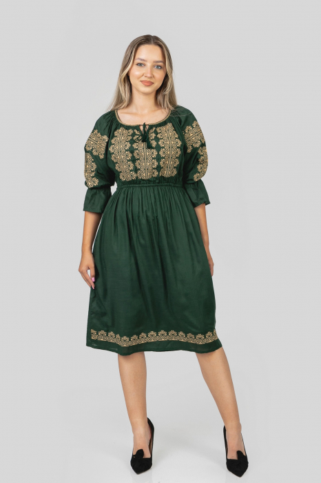 Rochie traditionala midi verde cu motiv geometric crem Elisabeta 02 [4]