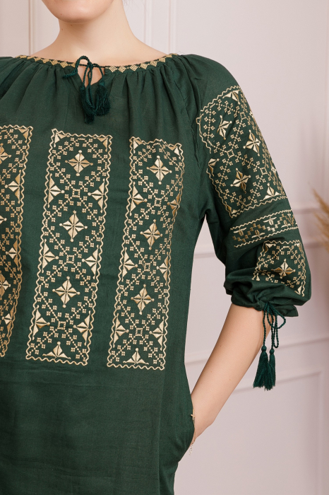 Rochie traditionala midi verde cu motiv geometric crem Stefania [2]