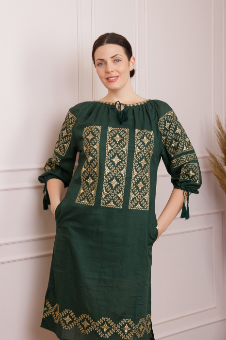 Rochie traditionala midi verde cu motiv geometric crem Stefania [4]