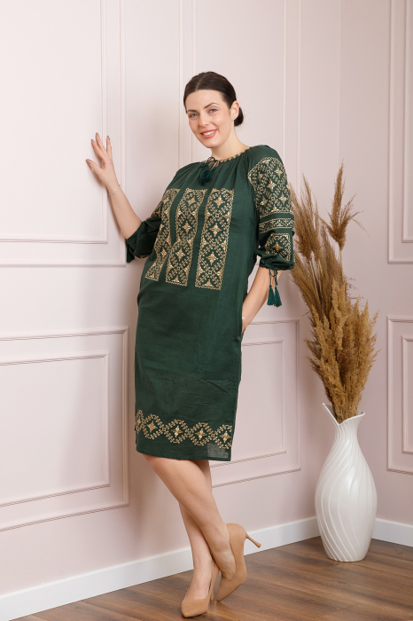 Rochie traditionala midi verde cu motiv geometric crem Stefania [3]