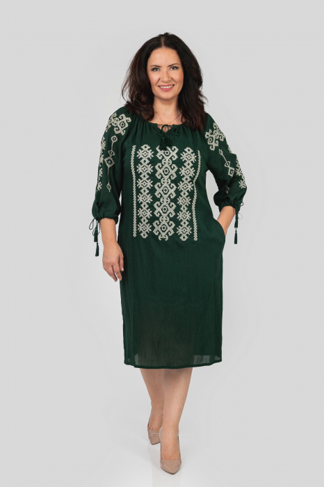 Rochie traditionala midi verde cu motiv geometric gri Ecaterina 02 [4]