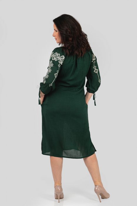Rochie traditionala midi verde cu motiv geometric gri Ecaterina 02 [3]