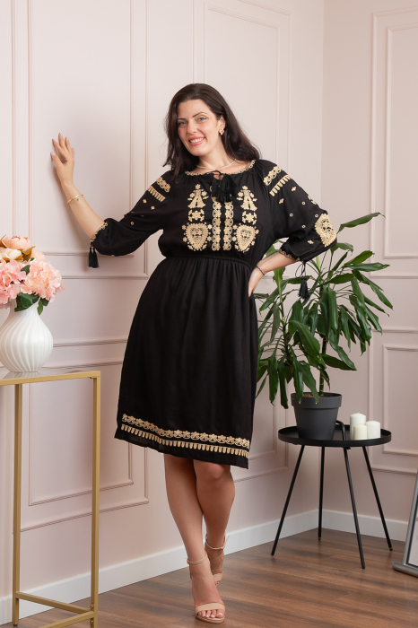 Rochie traditionala neagra cu motiv floral auriu Raluca [3]