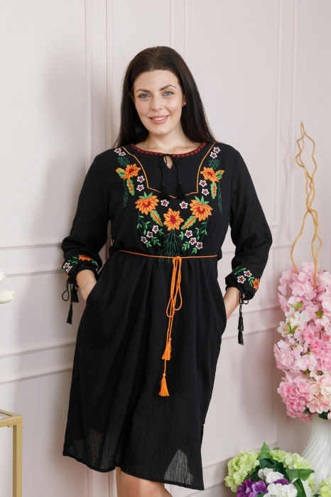 Rochie traditionala neagra cu motiv floral orange Liliana [3]