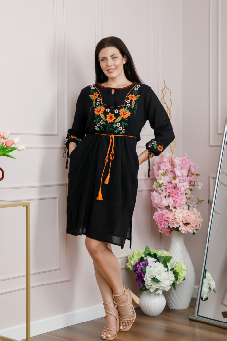 Rochie traditionala neagra cu motiv floral orange Liliana [4]