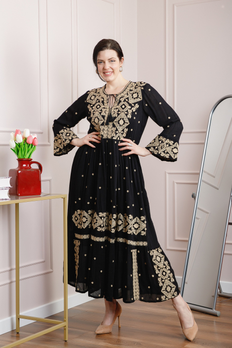Rochie traditionala neagra cu motiv geometric crem Virginia 02 [4]