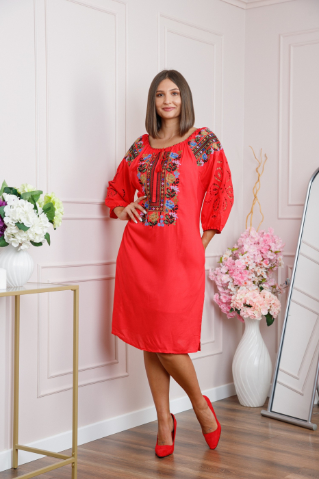 Rochie traditionala rosie cu motiv floral multicolor Simona 03 [3]