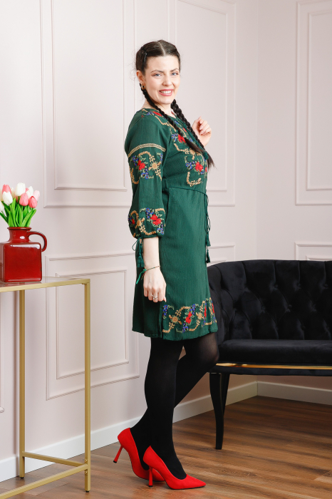 Rochie traditionala verde cu motiv floral multicolor Afrodita 02 [4]