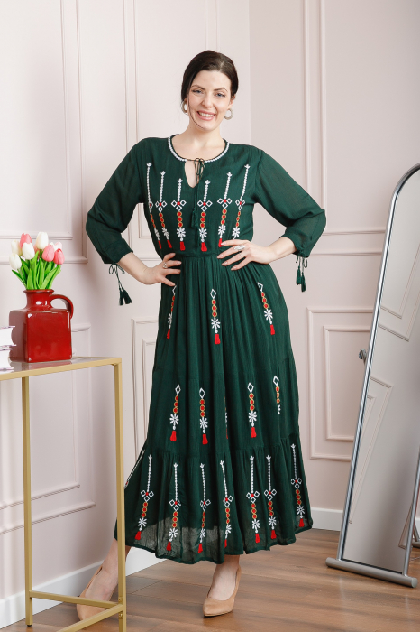 Rochie traditionala verde cu motiv floral multicolor Georgiana 01 [5]