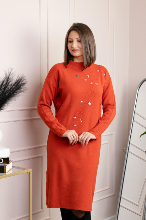 Rochie tricotata caramizie Katherine cu flori in relief si paiete argintii [3]