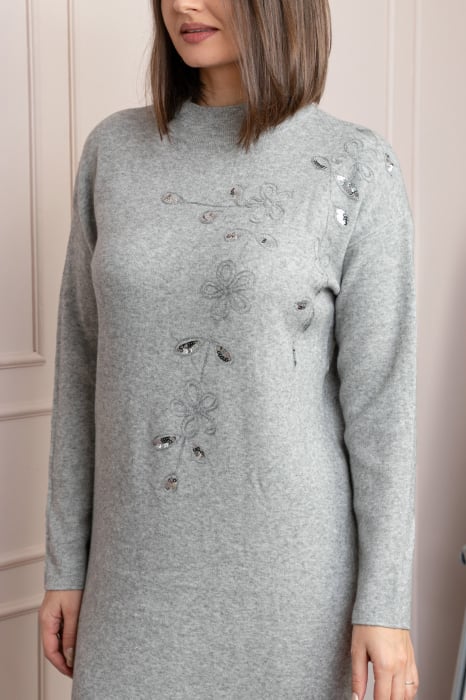 Rochie tricotata gri Katherine cu flori in relief si paiete argintii [2]