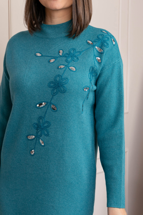 Rochie tricotata turcoaz Katherine cu flori in relief si paiete argintii [2]