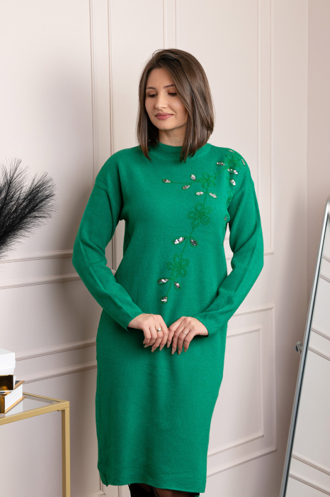 Rochie tricotata verde Katherine cu flori in relief si paiete argintii [3]