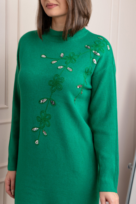 Rochie tricotata verde Katherine cu flori in relief si paiete argintii [2]
