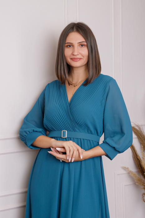 Rochie turcoaz cu bust petrecut si curea in talie [3]