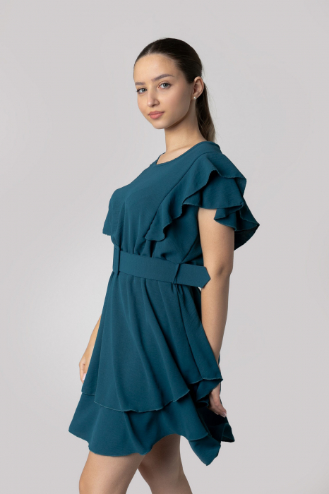 Rochie turcoaz cu volane si centura in talie [4]