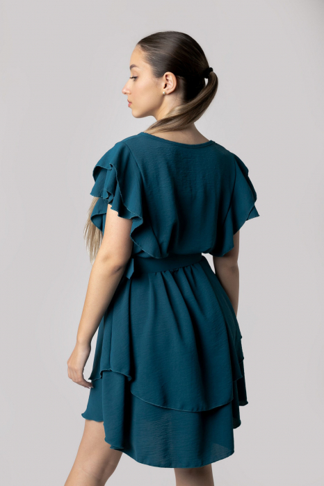 Rochie turcoaz cu volane si centura in talie [3]