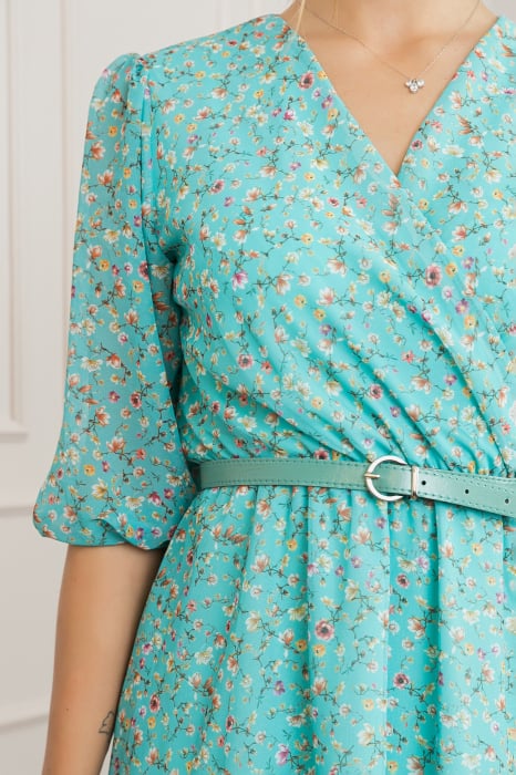 Rochie turcoaz din voal cu imprimeu floral si curea ajustabila [2]