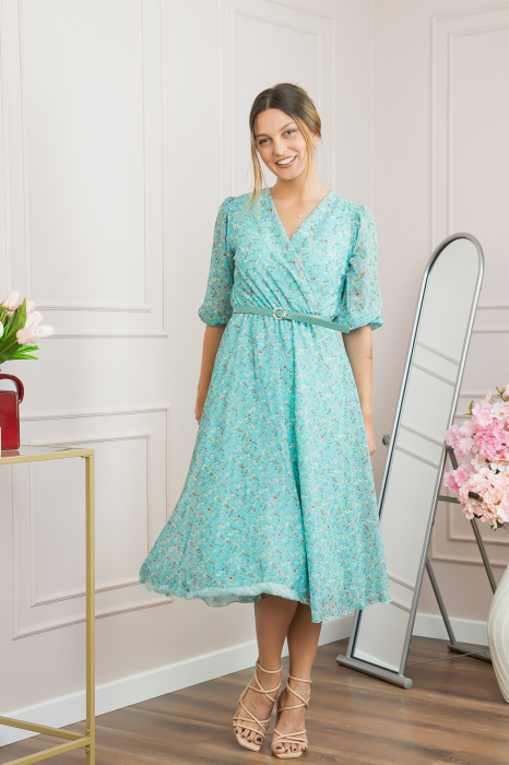 Rochie turcoaz din voal cu imprimeu floral si curea ajustabila [4]