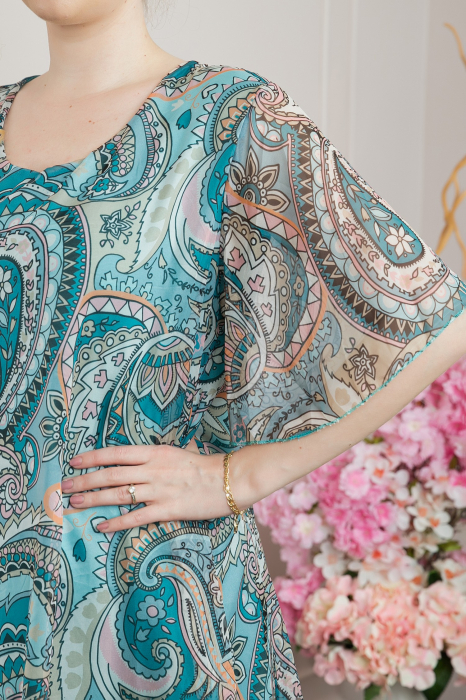 Rochie turcoaz din voal cu imprimeu Paisley si maneci fluture [2]