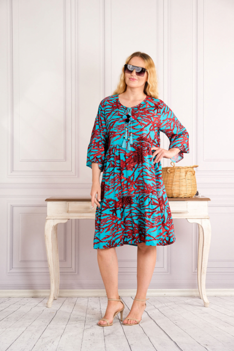 Rochie turcoaz midi boho chic cu imprimeuri florale rosii [4]