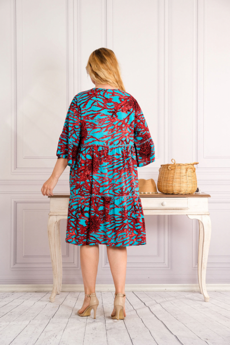 Rochie turcoaz midi boho chic cu imprimeuri florale rosii [3]