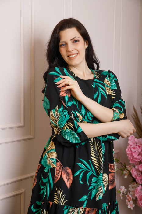 Rochie vaporoasa Emmeline cu volane si imprimeuri florale - Negru si turcoaz [2]