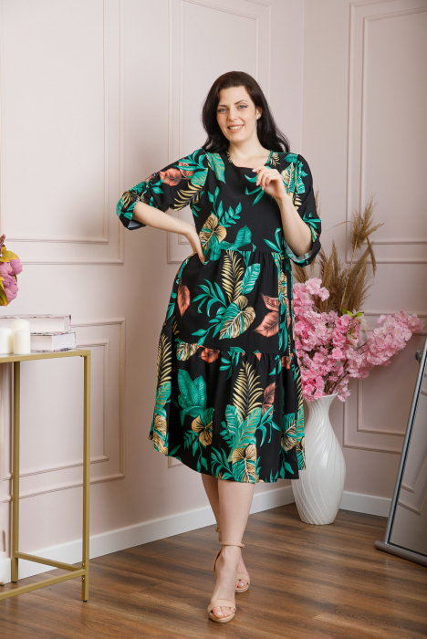 Rochie vaporoasa Emmeline cu volane si imprimeuri florale - Negru si turcoaz