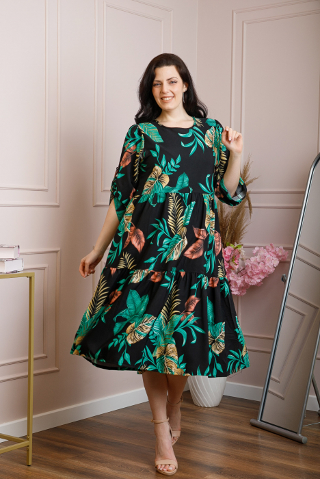 Rochie vaporoasa Emmeline cu volane si imprimeuri florale - Negru si turcoaz [4]