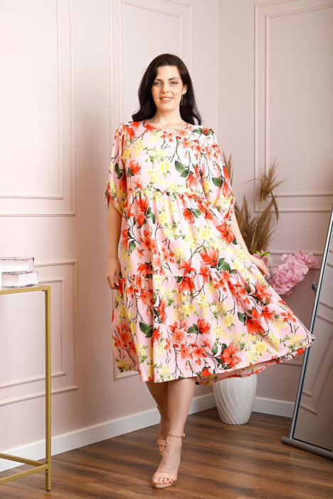 Rochie vaporoasa Emmeline cu volane si imprimeuri florale - Roz pastel [4]
