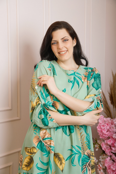 Rochie vaporoasa Emmeline cu volane si imprimeuri florale - Verde [2]