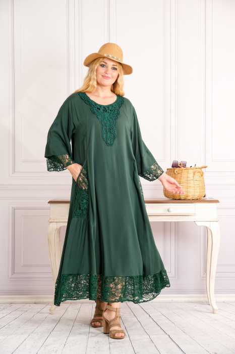 Rochie verde boho chic cu buzunare din dantela [4]