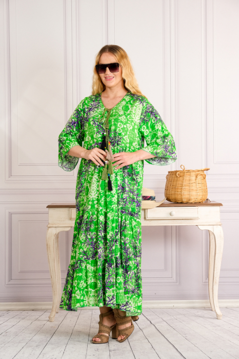 Rochie verde lunga boho chic cu imprimeuri florale mov [4]
