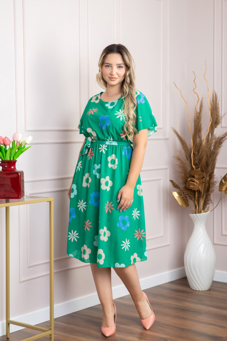 Rochie verde smarald cu imprimeu floral si maneci fluture