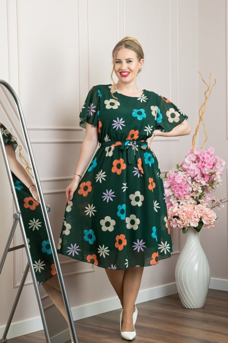 Rochie verde cu imprimeu floral si maneci fluture