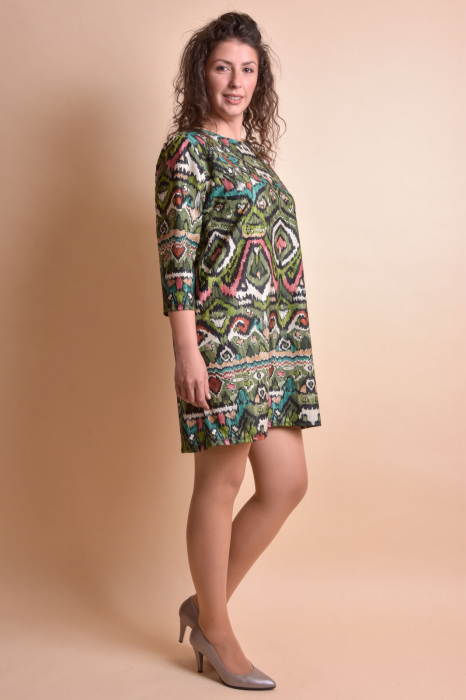Rochie verde cu imprimeu multicolor si maneci trei sferturi [5]