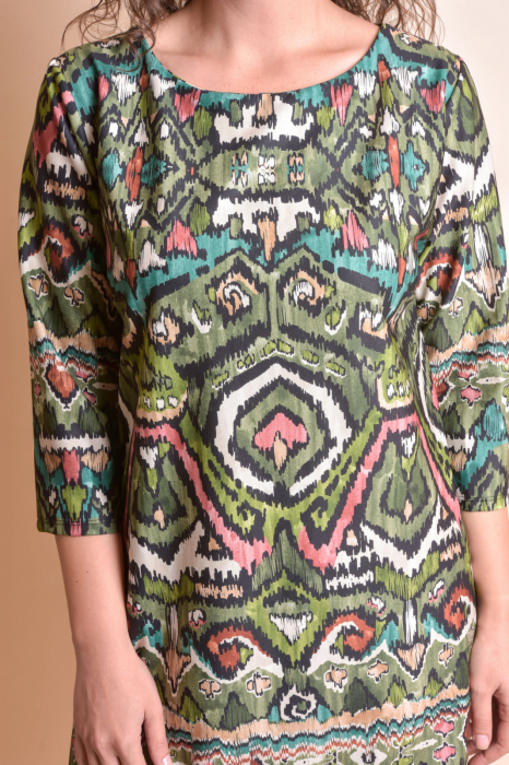 Rochie verde cu imprimeu multicolor si maneci trei sferturi [2]