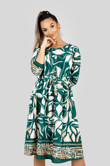 Rochie office verde cu imprimeuri crem si maneci trei sferturi [3]