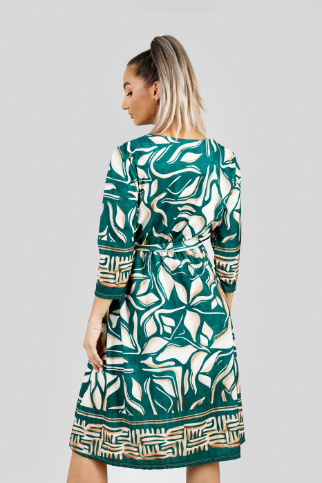 Rochie office verde cu imprimeuri crem si maneci trei sferturi [4]