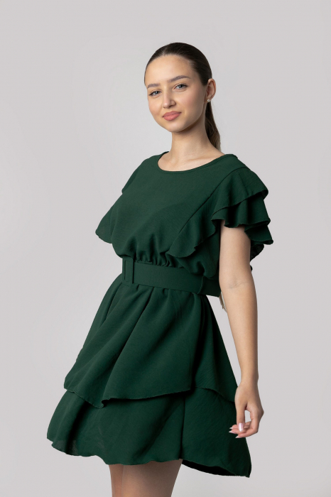 Rochie verde cu volane si centura in talie [4]