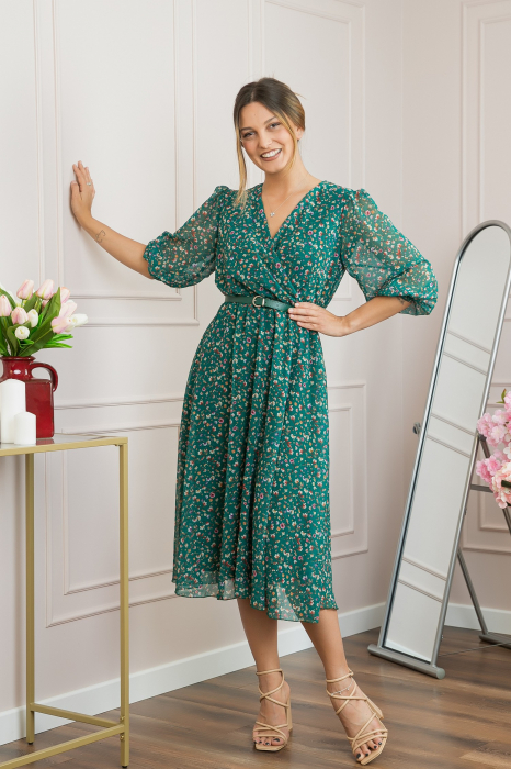 Rochie verde din voal cu imprimeu floral si curea ajustabila [4]