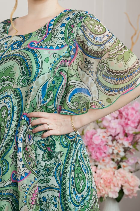 Rochie verde din voal cu imprimeu Paisley si maneci fluture [2]