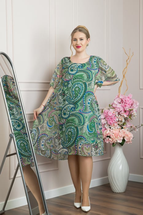 Rochie verde din voal cu imprimeu Paisley si maneci fluture