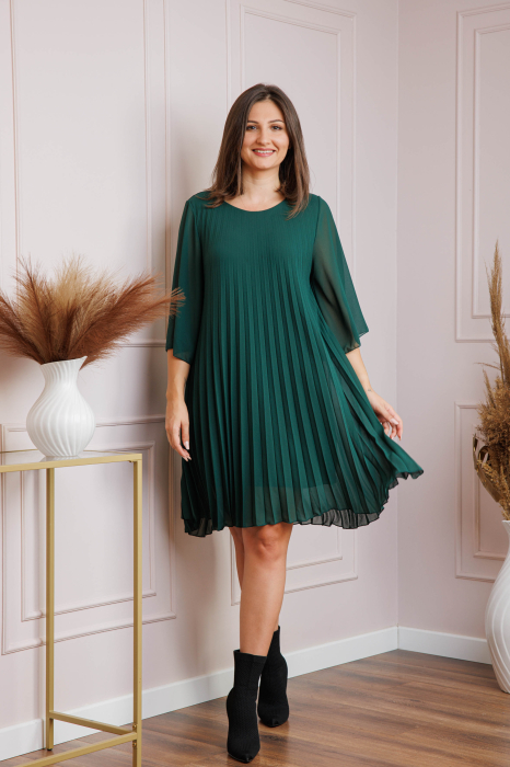 Rochie verde din voal plisat cu maneci 3/4 Tina [4]