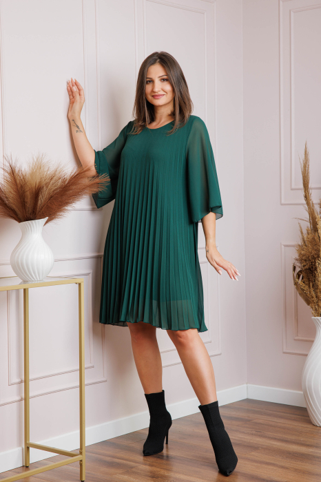Rochie verde din voal plisat cu maneci 3/4 Tina [3]