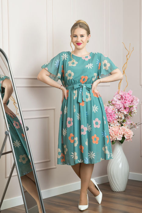 Rochie verde mint cu imprimeu floral si maneci fluture